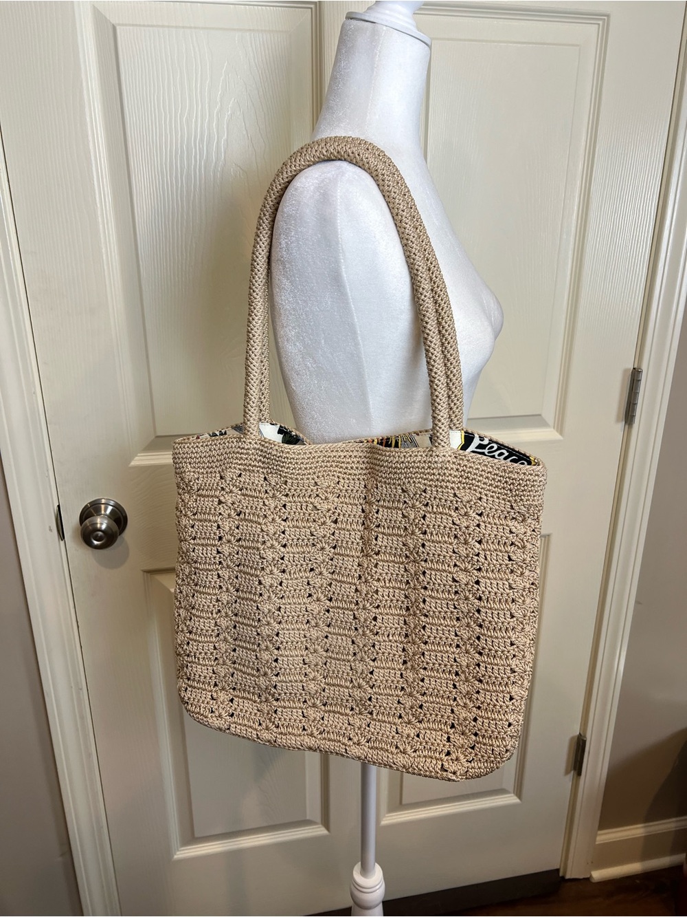 New Sak Beige Crochet Tote Bag with Braided Handles and Zippered pockets